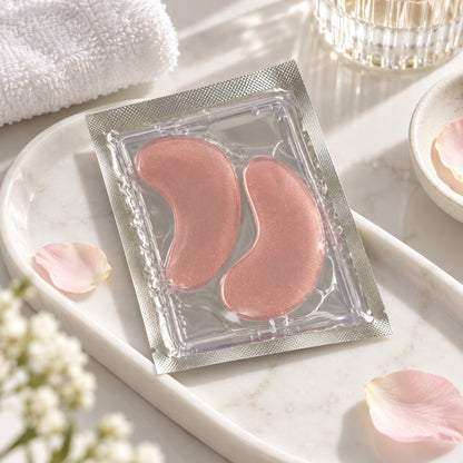 Private label pink hydrogel eye patches in clear individual sachet packaging with silver foil edges