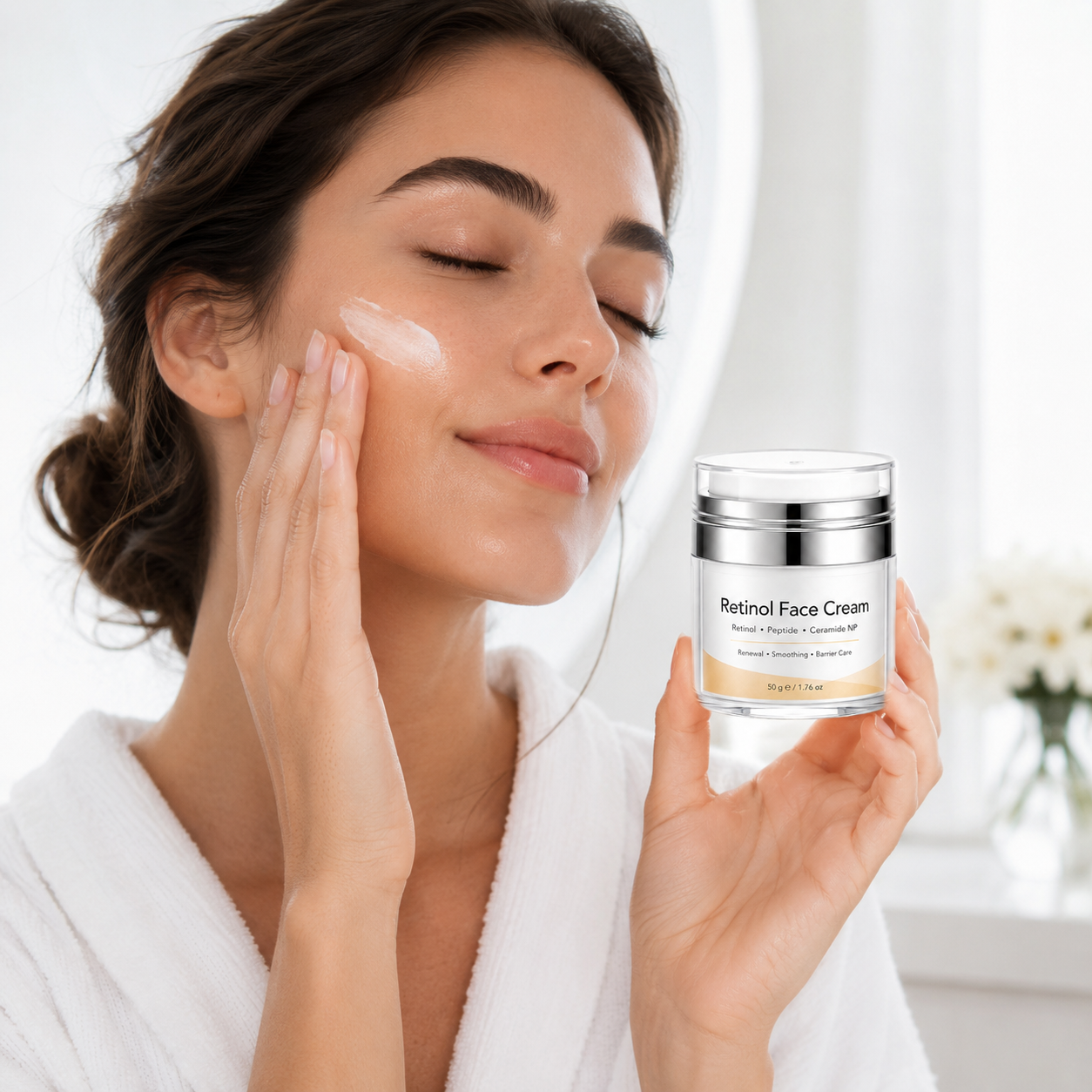 Retinol renewal face cream used in a night skincare routine