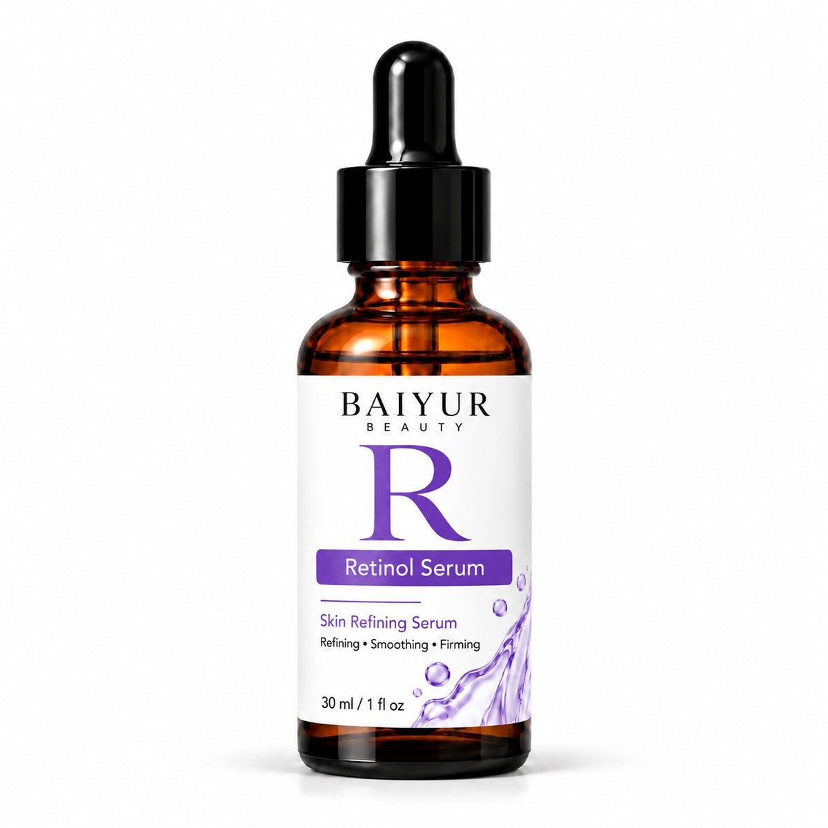 Baiyur Beauty private label Retinol Serum in a 30ml amber glass dropper bottle with purple skin-refining label on a white background.