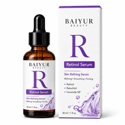 Baiyur Beauty private label Retinol Serum in a 30ml amber glass dropper bottle with matching purple and white retail box, featuring retinol, bakuchiol and ceramide NP.