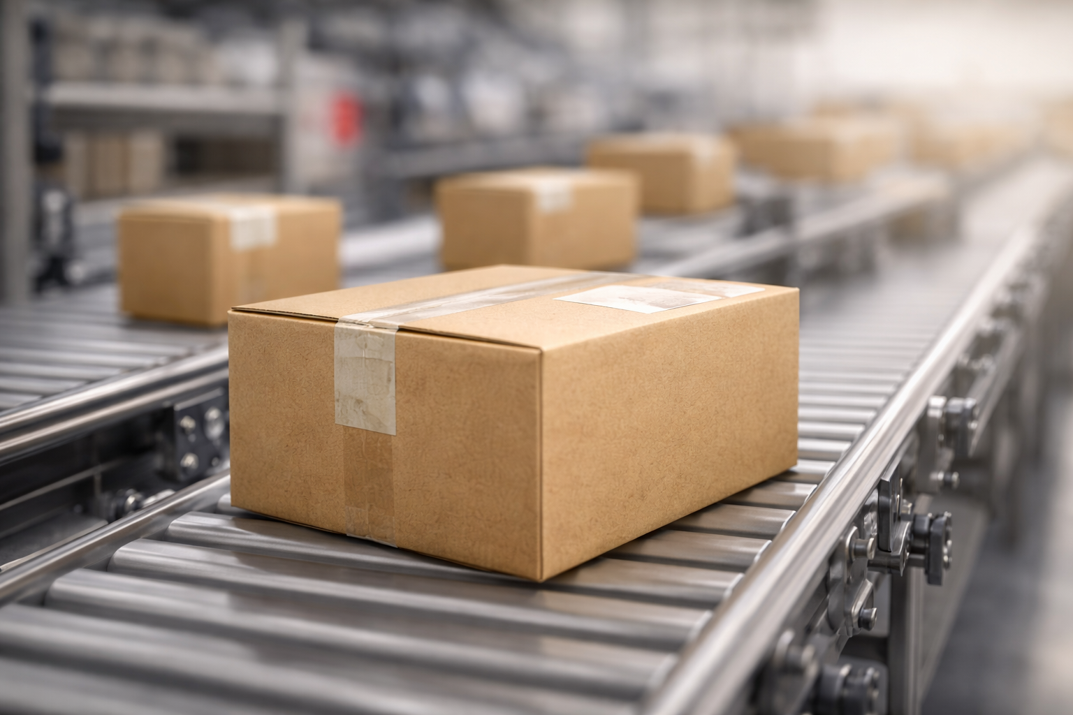 Private label skincare shipping and delivery with packaged cartons on conveyor