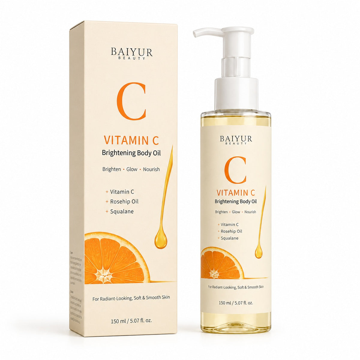 Private label Vitamin C Brightening Body Oil with bottle and paper box packaging by Baiyur Beauty