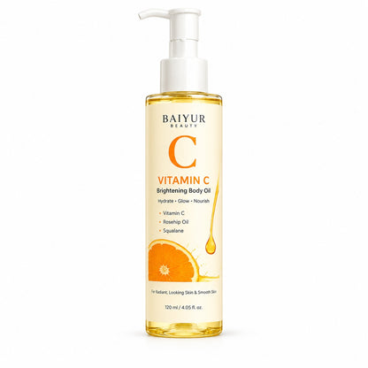 Private label Vitamin C Brightening Body Oil with bottle and paper box packaging by Baiyur Beauty