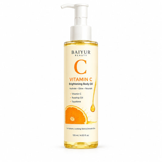 Private label Vitamin C Brightening Body Oil with bottle and paper box packaging by Baiyur Beauty