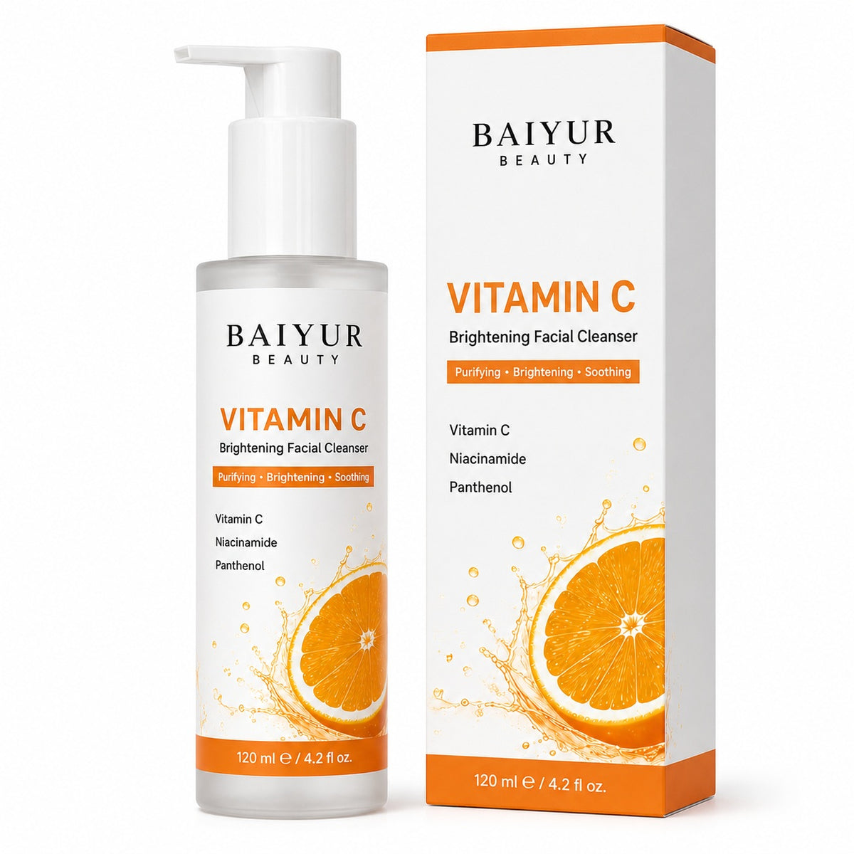 Private label Vitamin C Brightening Facial Cleanser with bottle and paper box packaging by Baiyur Beauty