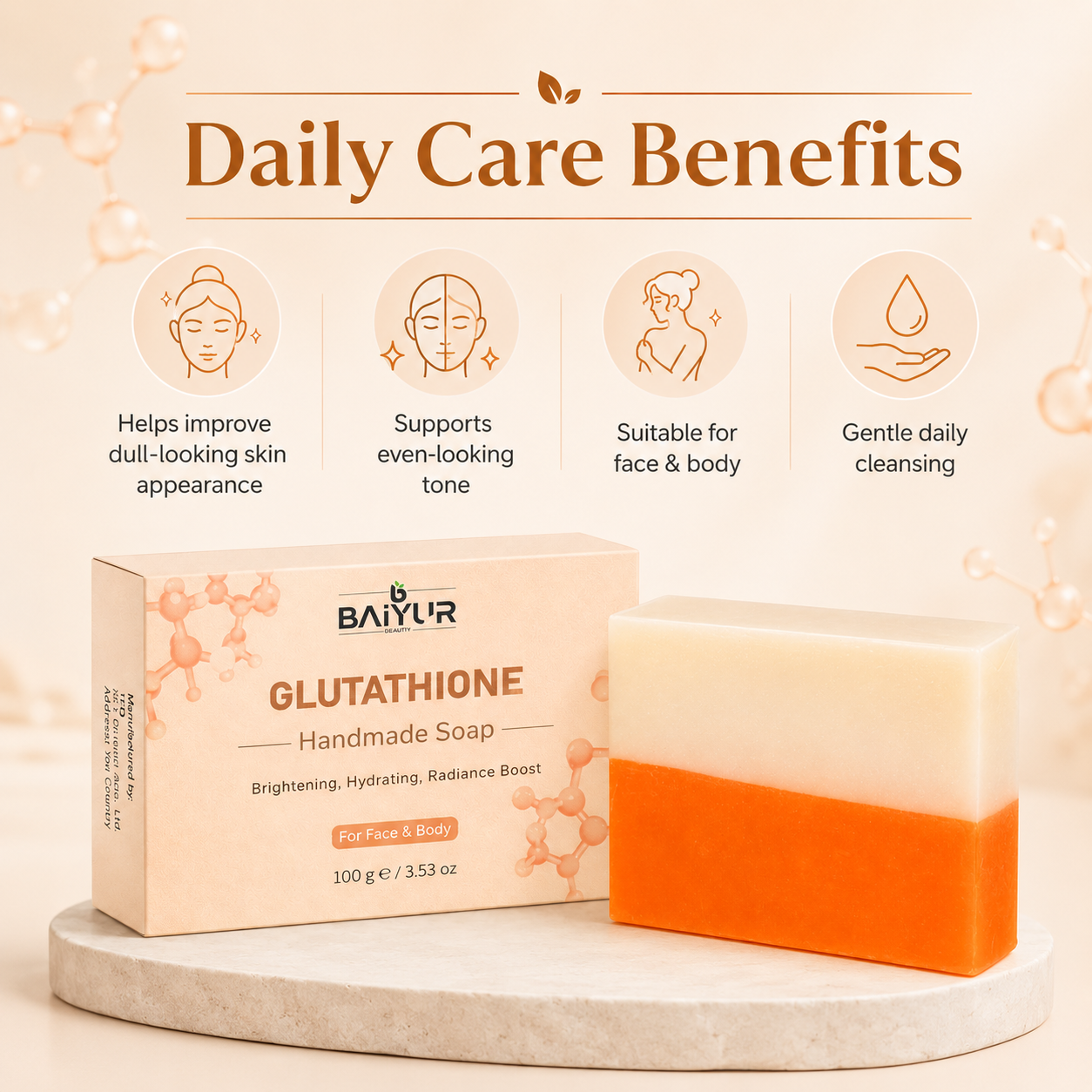 Soap benefit graphic showing bright-looking skin and daily cleansing positioning