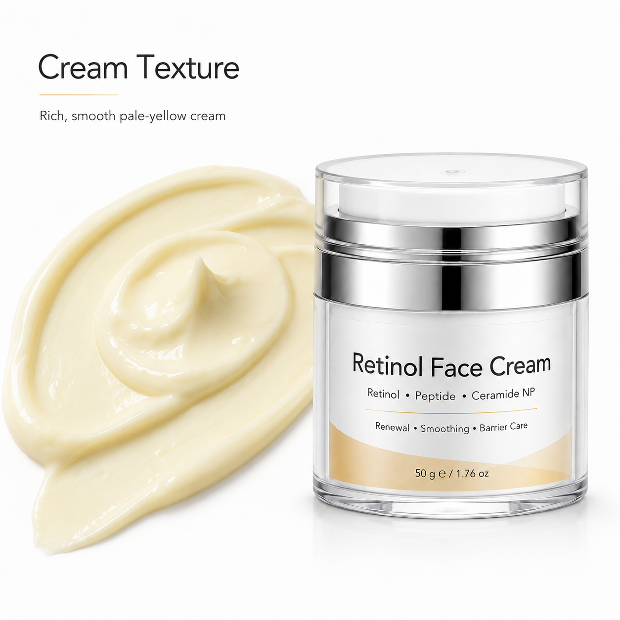 Milky yellow retinol cream texture with rich but non-sticky finish