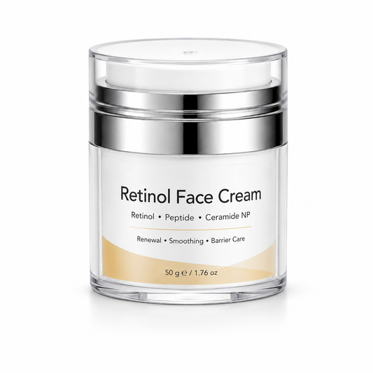 Retinol Face Cream with retinol peptide and ceramide NP in silver airless jar
