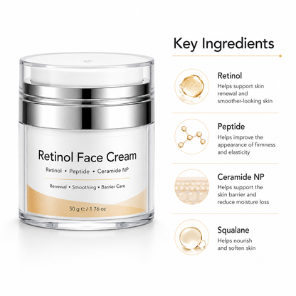 Retinol face cream with retinol peptide ceramide NP panthenol and squalane