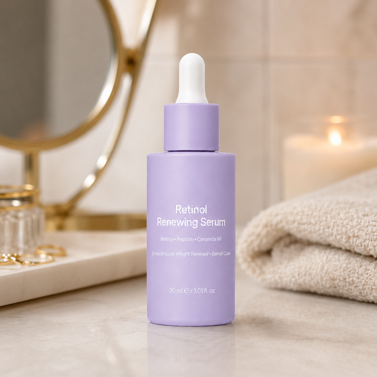 Retinol renewing serum used by model for evening facial care