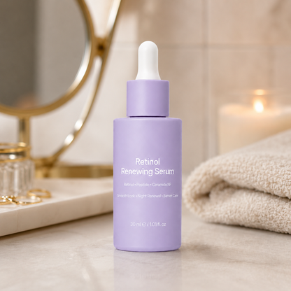 Retinol renewing serum used by model for evening facial care
