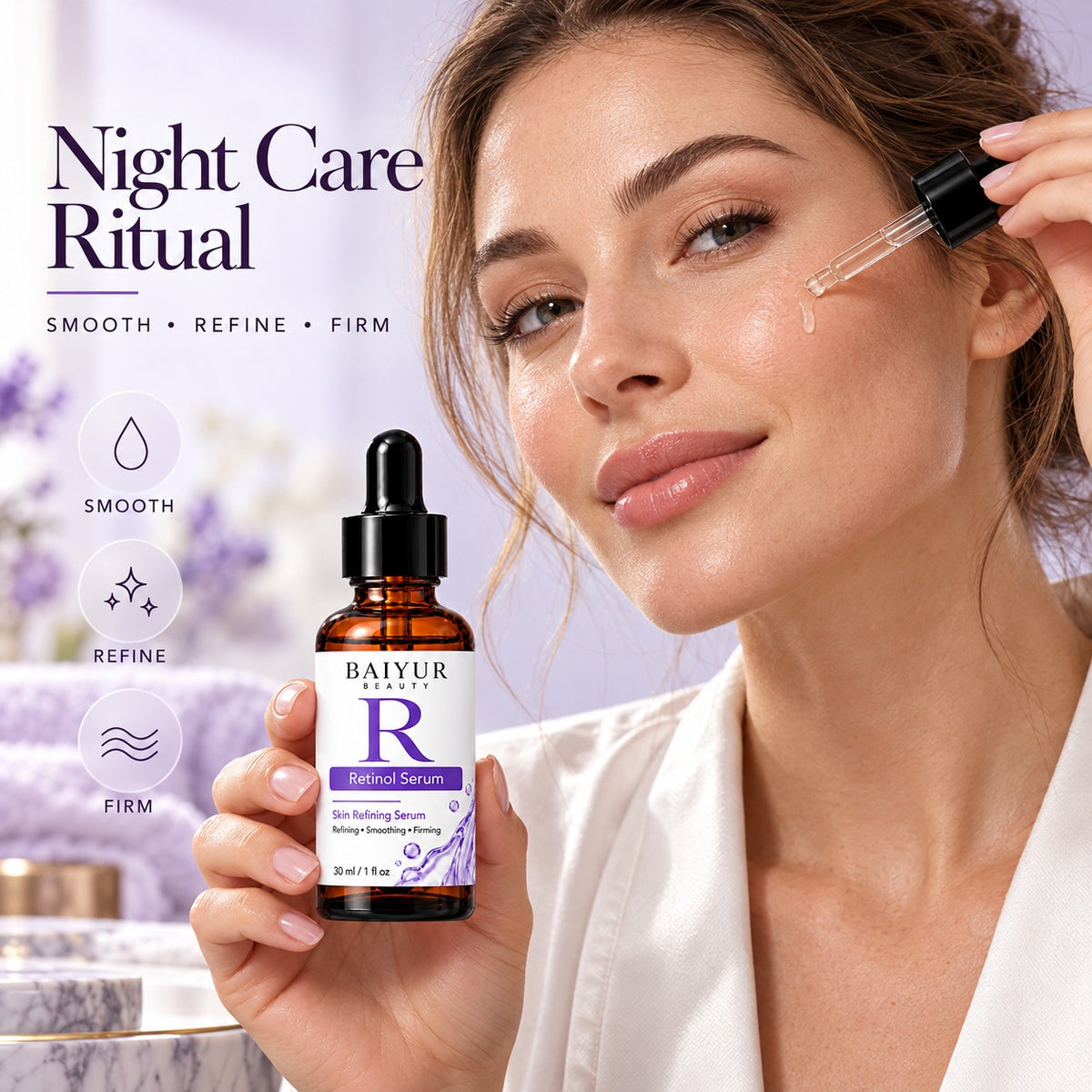 Female model applying facial serum with a glass dropper while holding Baiyur Beauty Retinol Serum during a nighttime skincare routine.