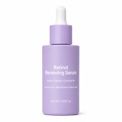 Retinol renewing serum in lavender frosted dropper bottle