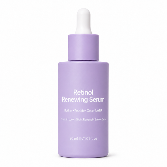 Retinol renewing serum in lavender frosted dropper bottle