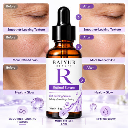 Illustrative skin comparison showing differences in fine lines, uneven texture and skin smoothness alongside Baiyur Beauty Retinol Serum.