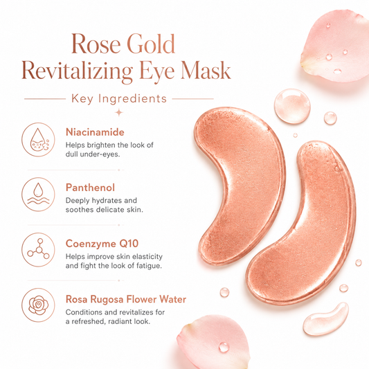 Rose gold hydrogel eye mask with niacinamide panthenol coenzyme Q10 and rose flower water