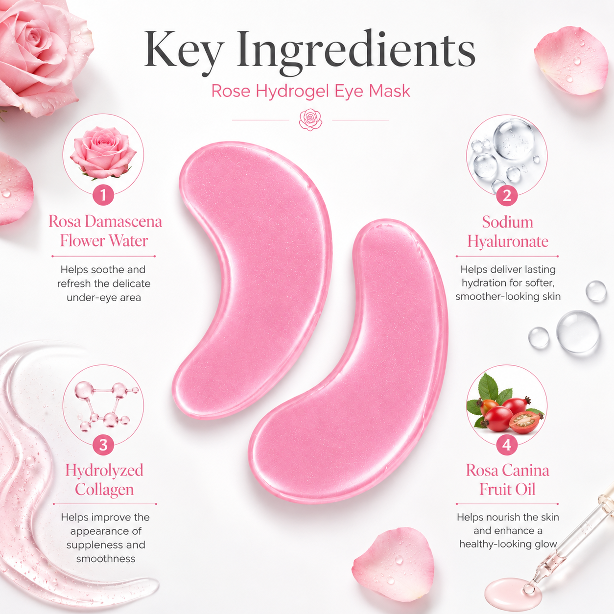 Rose gold hydrogel eye mask with niacinamide panthenol coenzyme Q10 and rose flower water