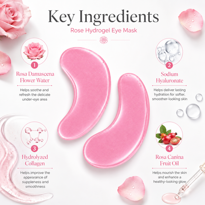 Rose gold hydrogel eye mask with niacinamide panthenol coenzyme Q10 and rose flower water