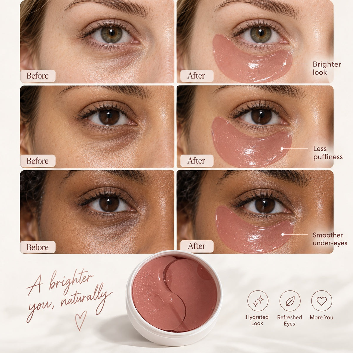 Rose PDRN Hydrogel Eye Patches before and after comparison for smoother brighter-looking under eyes