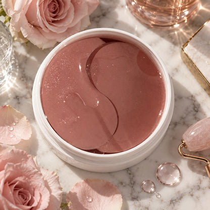 Rose PDRN Hydrogel Under Eye Patches displayed in luxury rose-inspired skincare setting