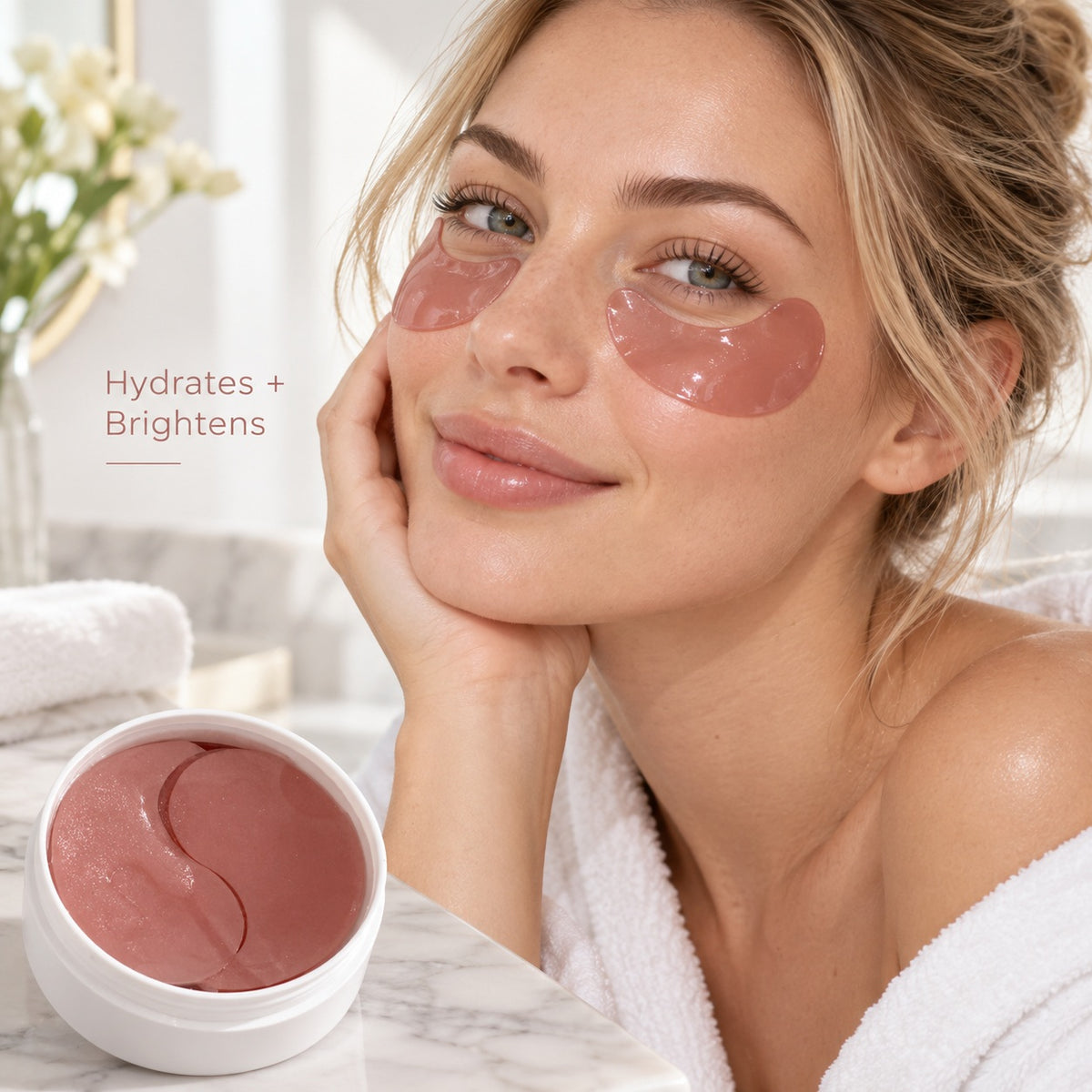 Model using Rose PDRN Hydrogel Under Eye Patches for hydrating and brightening under-eye care