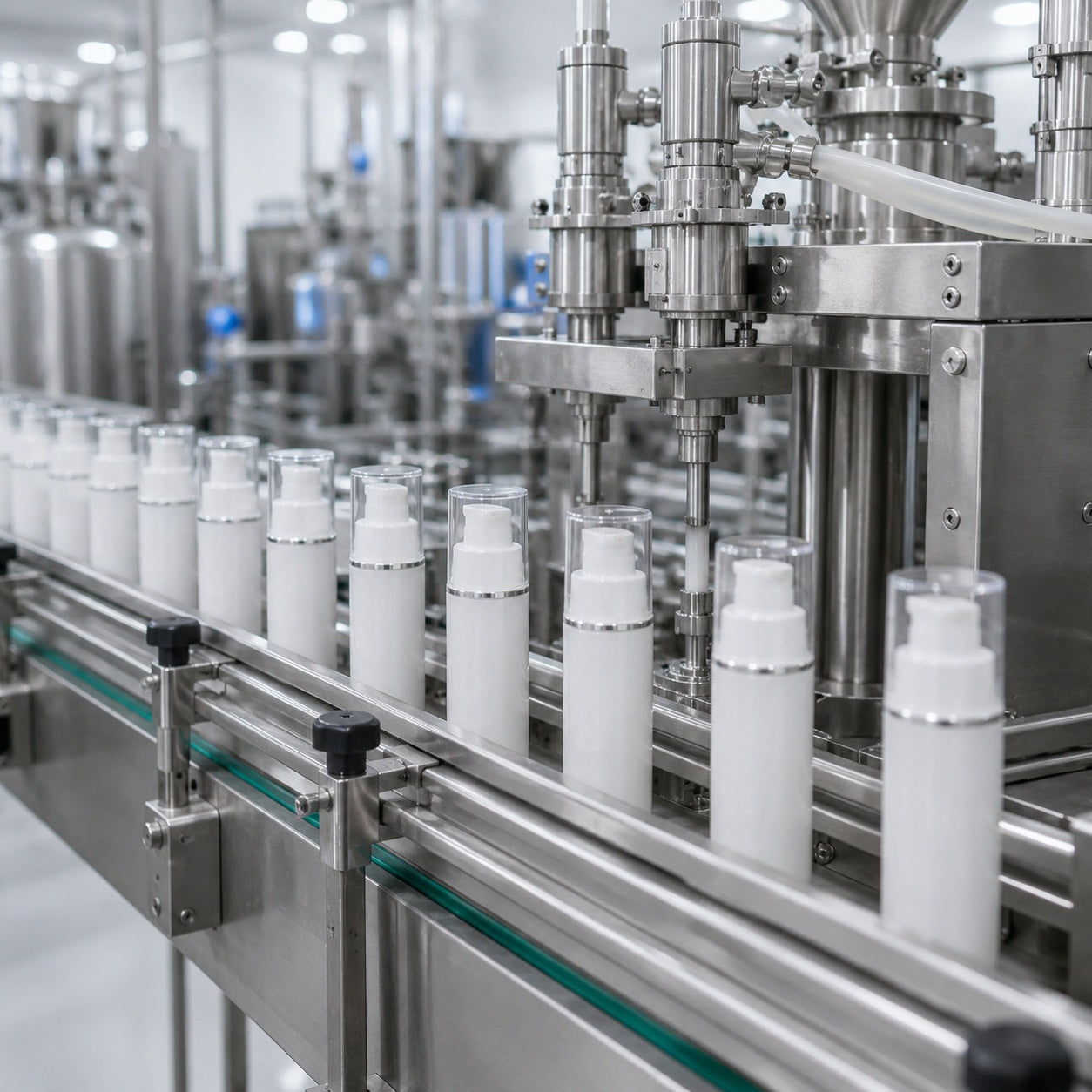 Private label skincare production line with white airless pump bottles on an automated filling conveyor