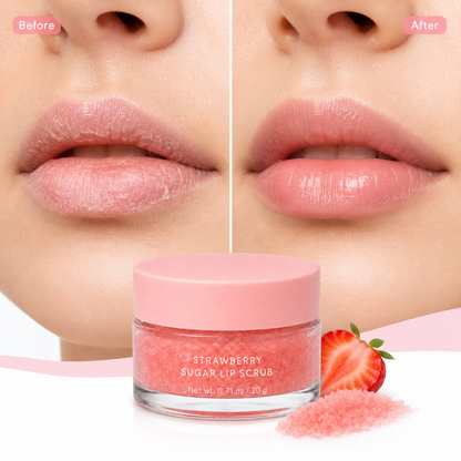 Before and after comparison for strawberry sugar lip scrub showing smoother-looking lips