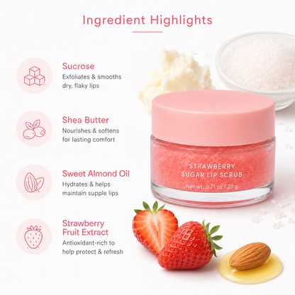 Strawberry sugar lip scrub key ingredients with sucrose jojoba oil and shea butter