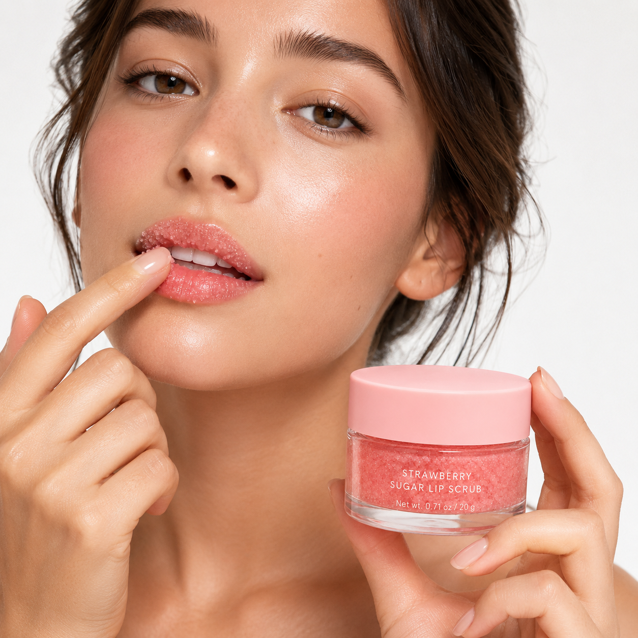 Model applying strawberry sugar lip scrub for lip care routine