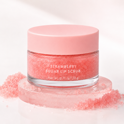 Strawberry sugar lip scrub granular balm texture for lip care product page