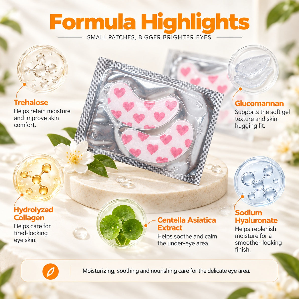 Sweet Heart hydrogel eye patches with hydrating essence and skincare ingredient presentation