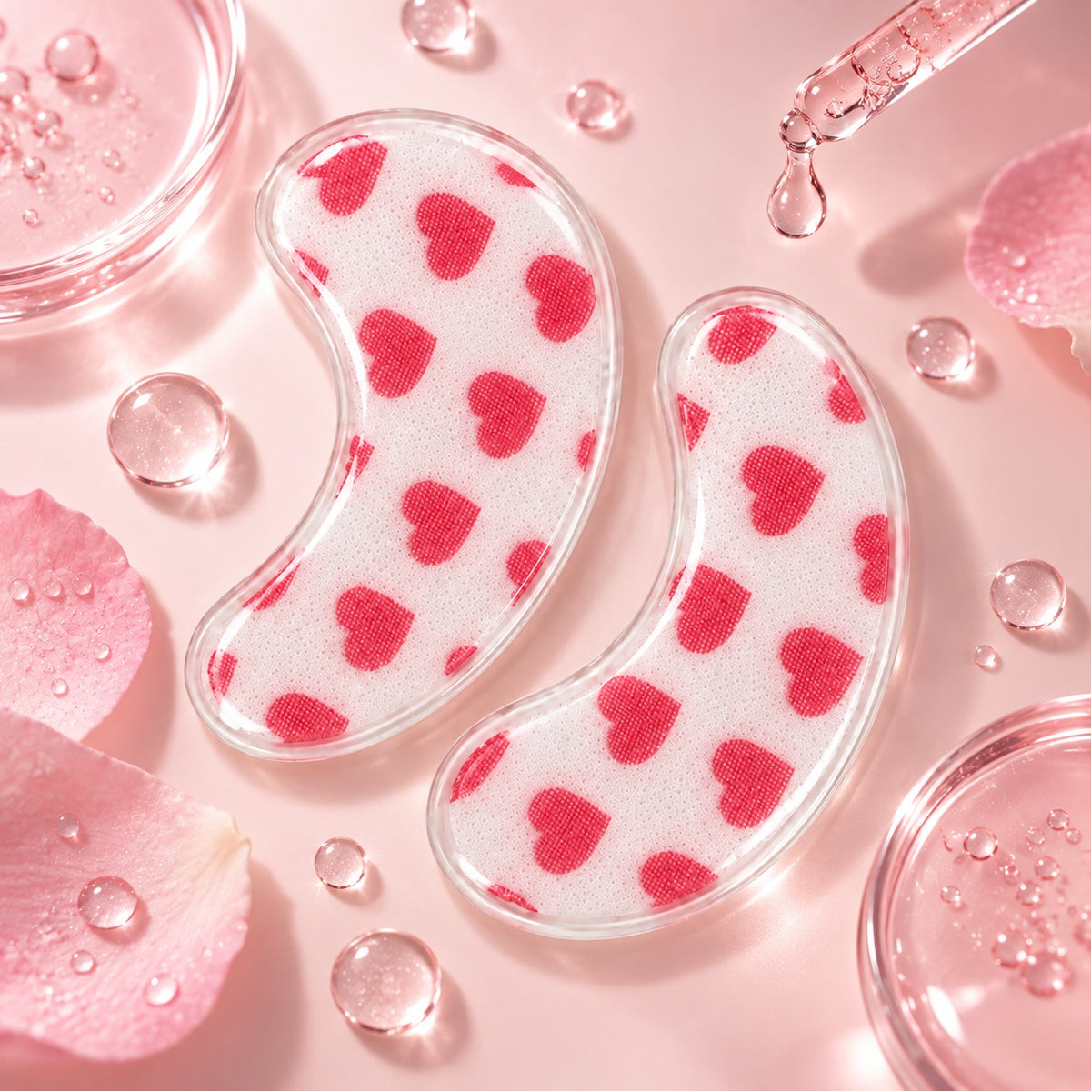 Sweet Heart pink printed hydrogel eye patches in a soft hydrating skincare display