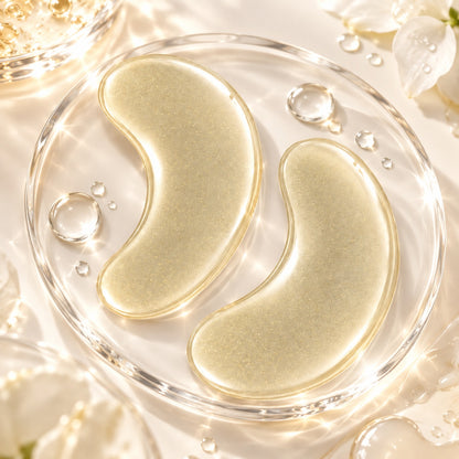 Transparent glitter hydrogel eye patches with hydrating serum droplets