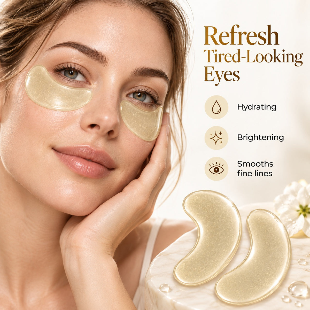 Woman wearing transparent glitter hydrogel eye patches for hydrating eye care