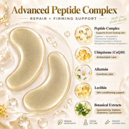 Clear shimmer hydrogel eye patches with peptide complex CoQ10 and botanical extracts