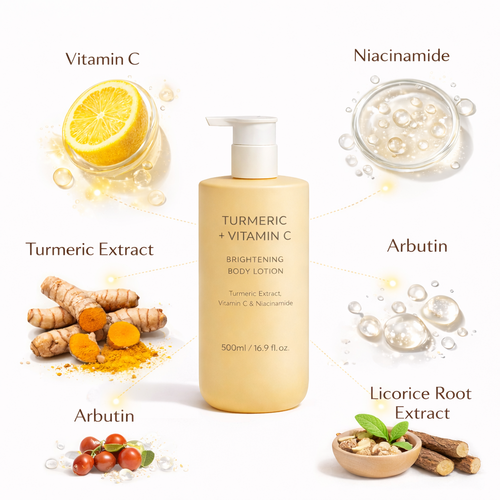 Body lotion key ingredients with Vitamin C niacinamide turmeric and licorice extract
