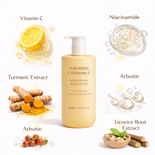 Body lotion key ingredients with Vitamin C niacinamide turmeric and licorice extract
