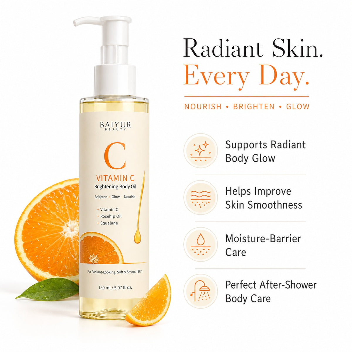 Vitamin C Brightening Body Oil benefits for brightening dull-looking skin, nourishing dry skin and leaving skin soft and smooth