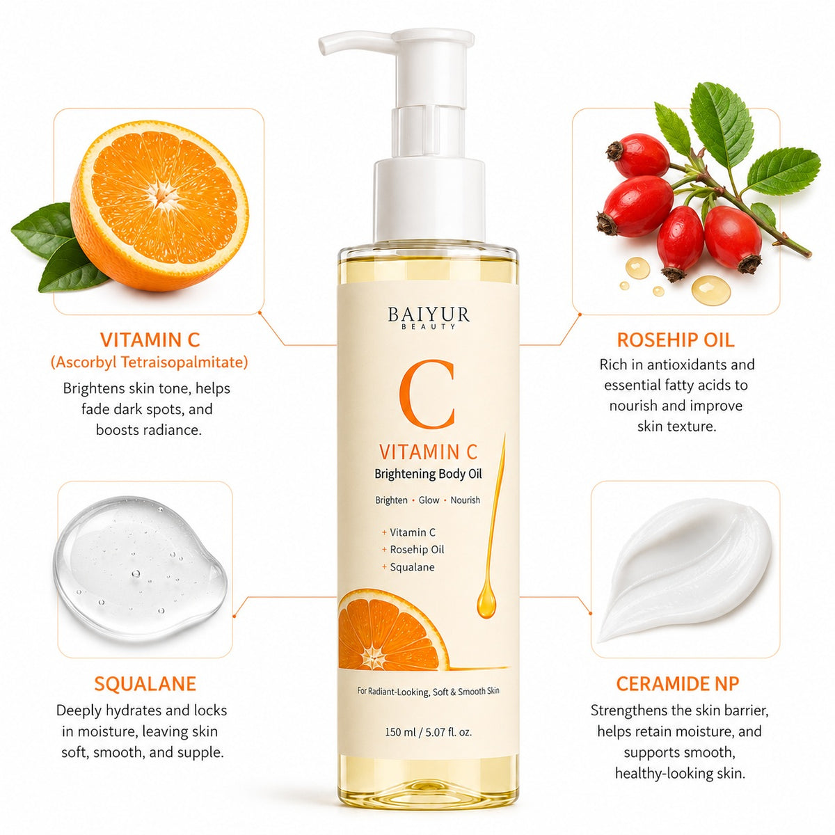 Vitamin C Brightening Body Oil key ingredients including Vitamin C, Rosehip Oil, Squalane and Ceramide NP