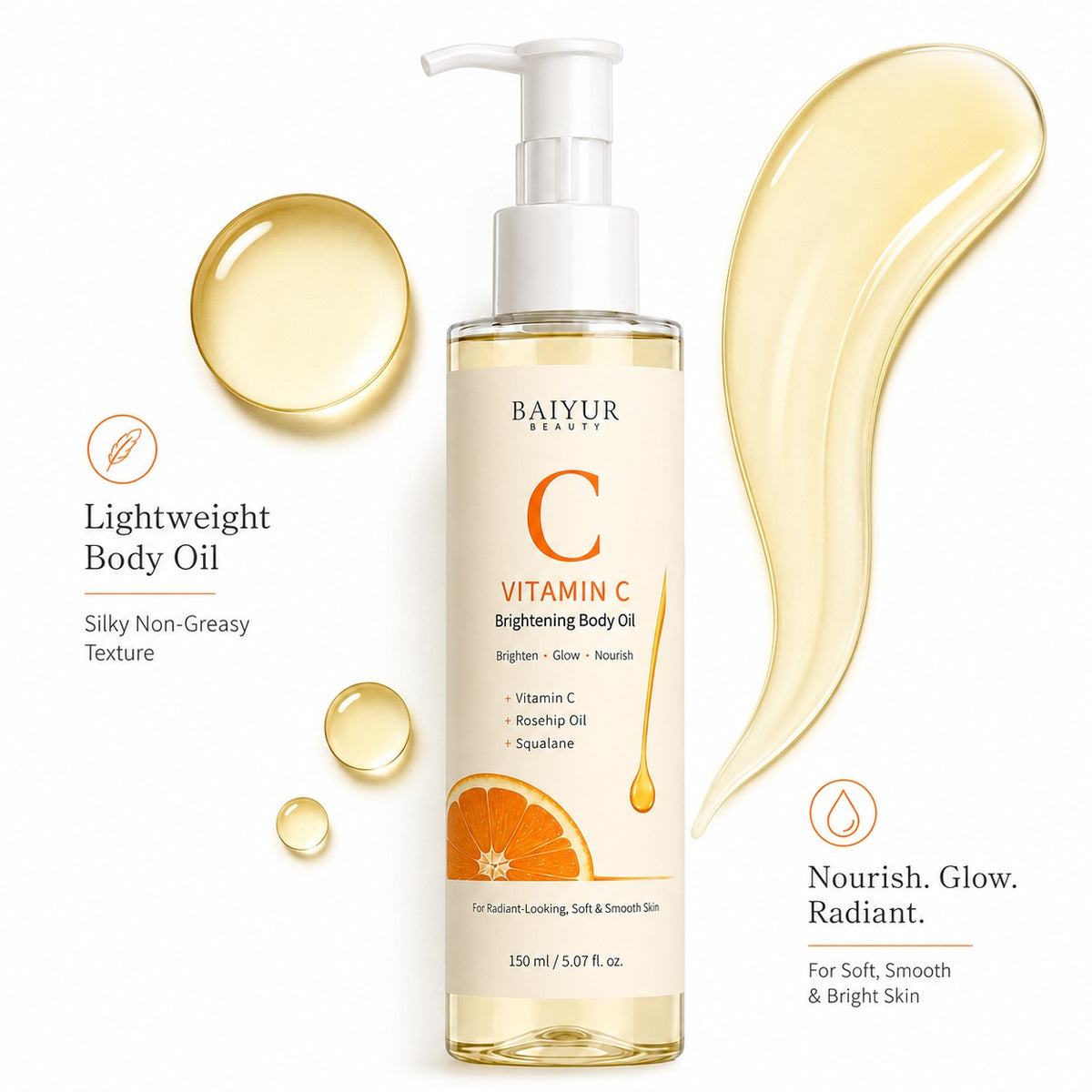 Vitamin C Brightening Body Oil texture showing lightweight silky non-greasy body oil