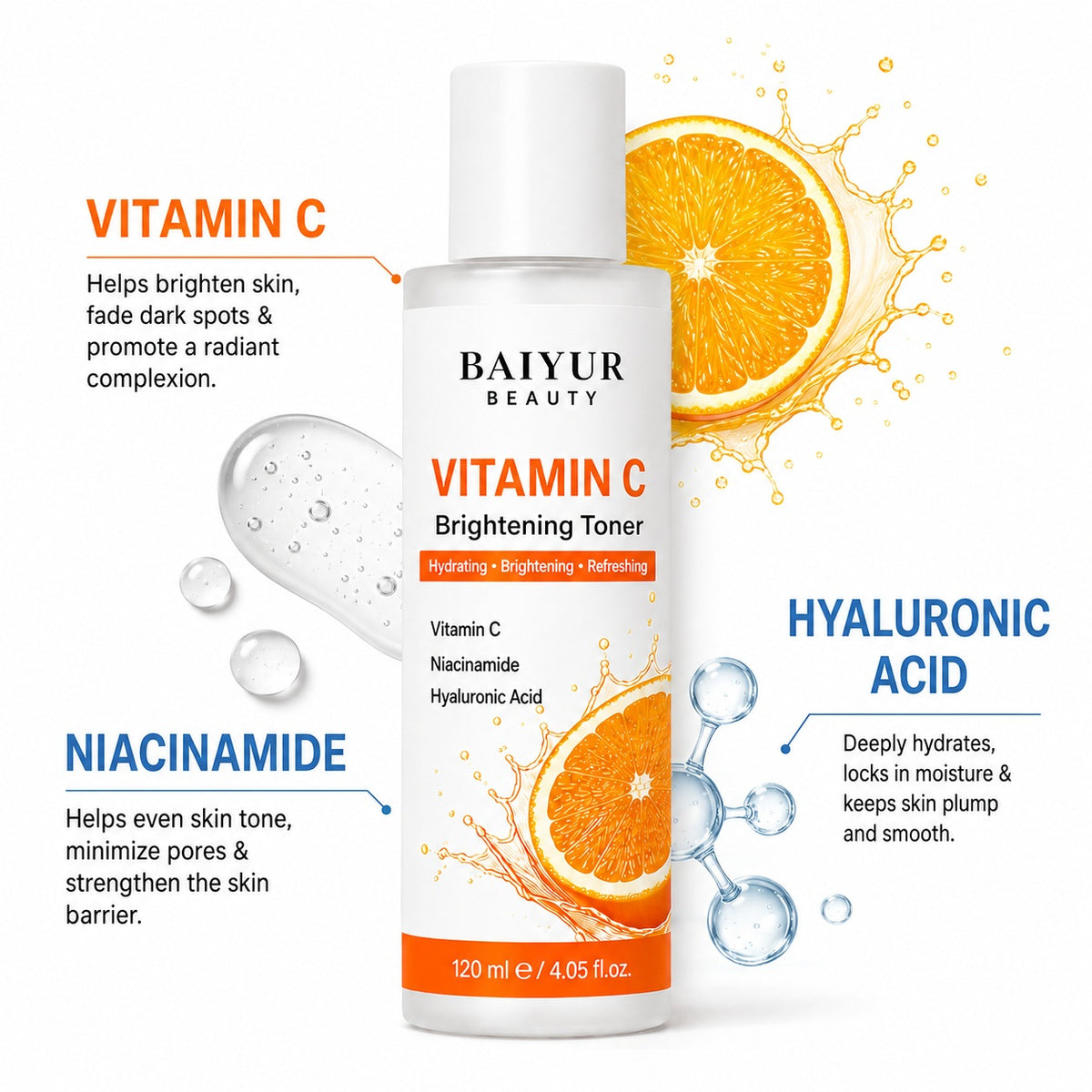 Vitamin C Brightening Toner ingredient infographic with Vitamin C, Niacinamide and Hyaluronic Acid