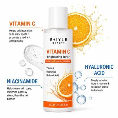 Vitamin C Brightening Toner ingredient infographic with Vitamin C, Niacinamide and Hyaluronic Acid