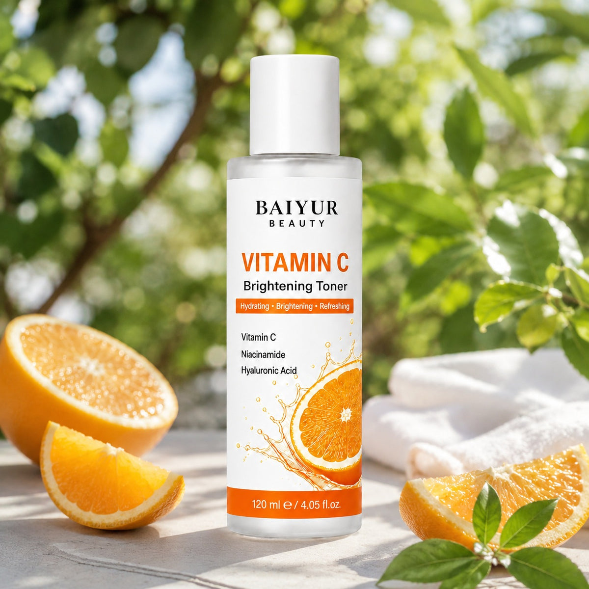 Vitamin C Brightening Toner in a fresh outdoor skincare scene with orange elements