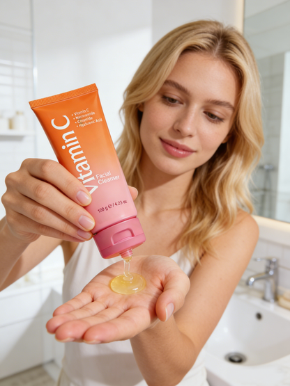 Model using Vitamin C cleanser for daily facial cleansing