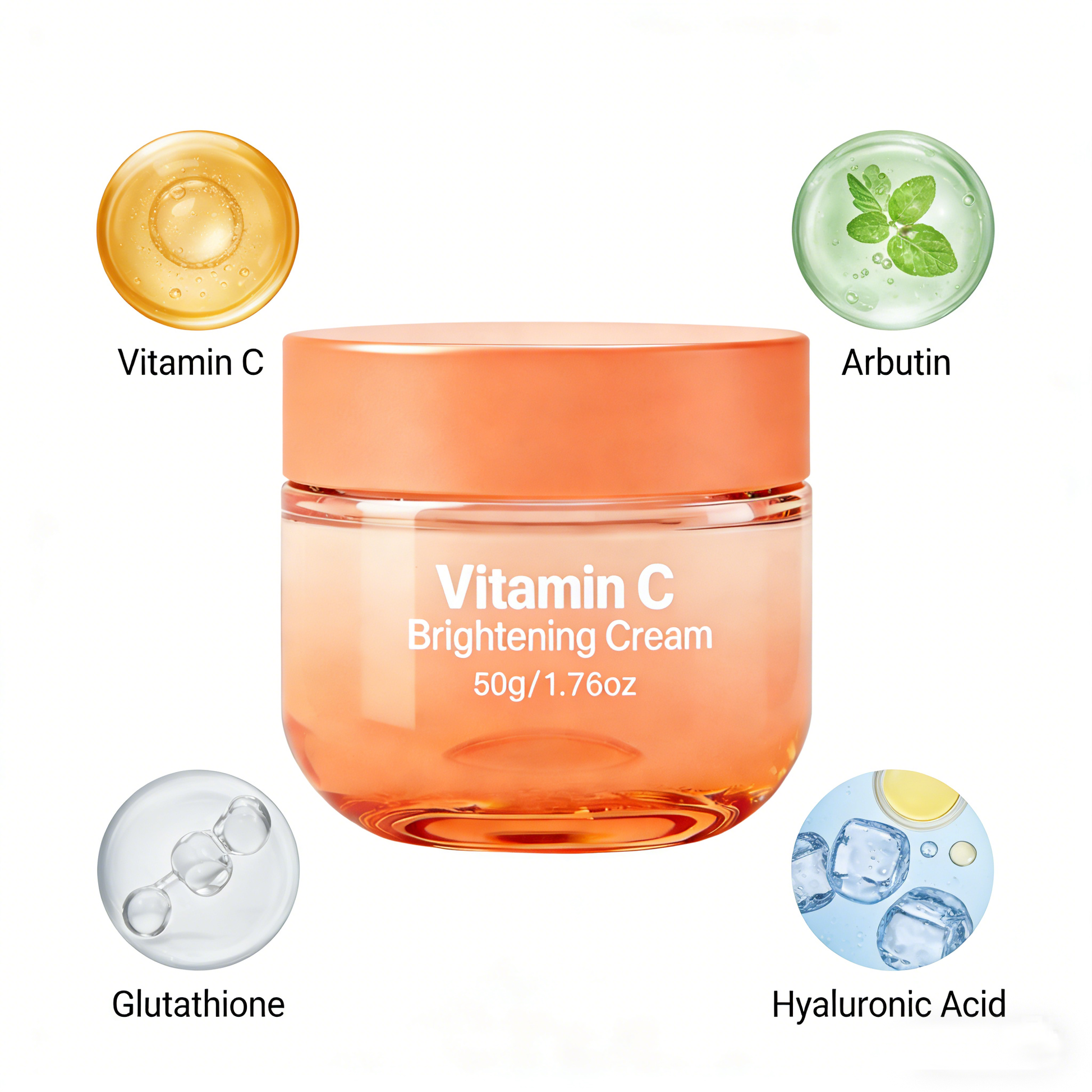 Vitamin C cream key ingredients with arbutin niacinamide and hyaluronic acid