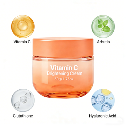 Vitamin C cream key ingredients with arbutin niacinamide and hyaluronic acid