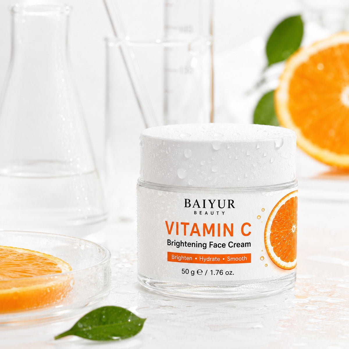 Vitamin C Brightening Face Cream with realistic water droplets highlighting fresh hydrating skincare