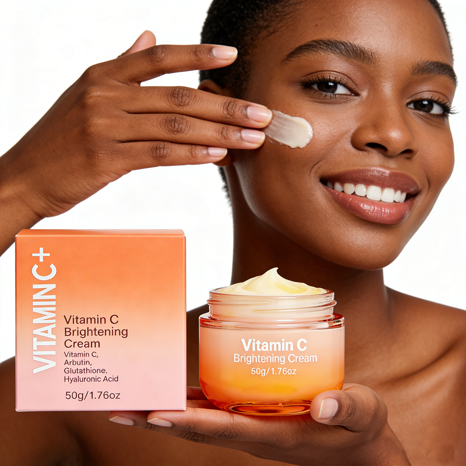 Model applying Vitamin C Face Cream as part of skincare routine