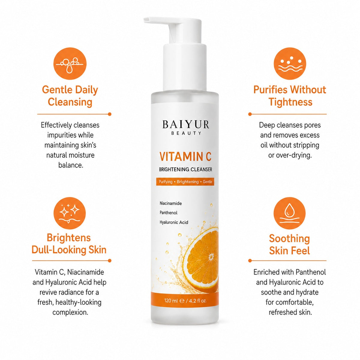 Vitamin C Facial Cleanser benefits including soft foam cleansing, refreshed skin feel and comfortable after-feel