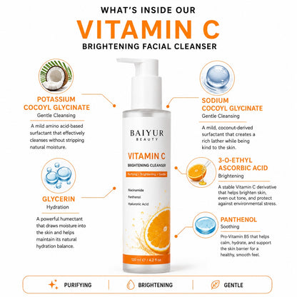 Vitamin C Facial Cleanser ingredients with Potassium Cocoyl Glycinate, Sodium Cocoyl Glycinate, Glycerin and Panthenol